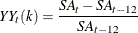 \[  YY_{t}(k) = \frac{SA_{t}-SA_{t-12}}{SA_{t-12} }  \]