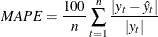 \[  MAPE = \frac{100}{n}\sum _{t=1}^{n}{\frac{{|y_{t}-\hat{y}_{t}|}}{{|y_{t}|} }}  \]