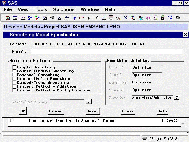 Smoothing Model Specification Window