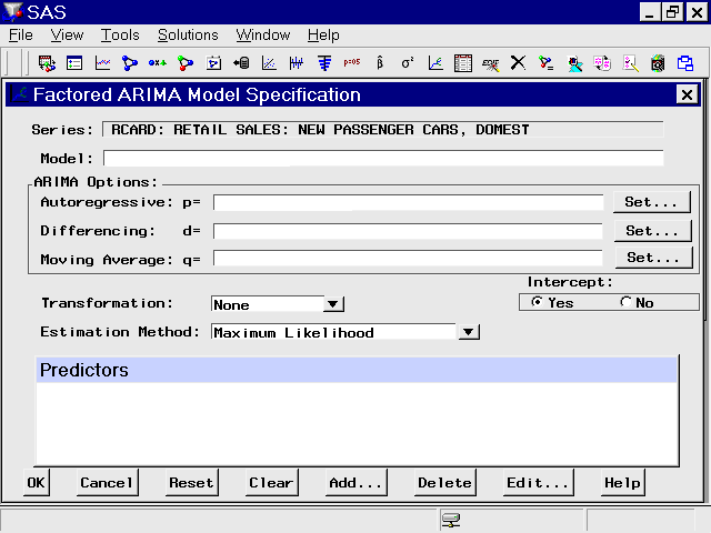 Factored ARIMA Model Specification Window