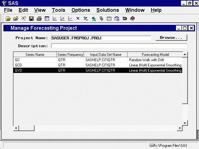 Manage Forecasting Project Window