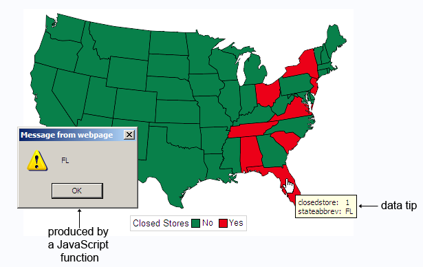 A map of the United States with drill-down links for New York, New Jersey, Ohio, Virginia, Tennessee, South Carolina, Alabama, and Florida, and the result of clicking the state of Alabama