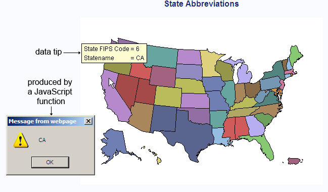 A drill-down map of the United States, and the result of clicking the state of California