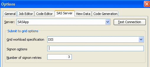 SAS Server tab on Options window