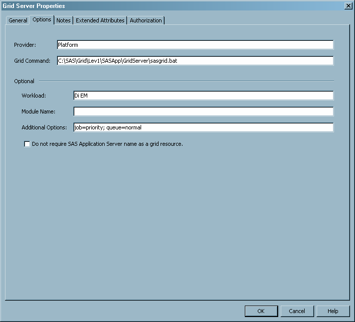 grid server properties, options tab