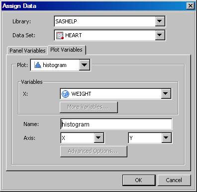 Assign Data dialog box, variables for the simple graph