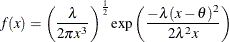 \[  f(x) = \left(\frac{\lambda }{2\pi x^3}\right)^{\frac{1}{2}} \exp \left(\frac{-\lambda (x-\theta )^2}{2\lambda ^2 x}\right)  \]