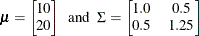 \[  \bm {\mu }=\left[\begin{matrix} 10   \cr 20   \cr \end{matrix}\right] ~ ~ \mr {and}~ ~  \Sigma =\left[\begin{matrix} 1.0   &  0.5   \cr 0.5   &  1.25   \cr \end{matrix}\right]  \]