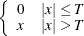 $\displaystyle  \left\{  \begin{array}{ll} 0 &  |x| \leq T \\ x &  |x| > T \end{array} \right.  $