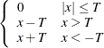 $\displaystyle  \left\{  \begin{array}{ll} 0 &  |x| \leq T \\ x-T &  x > T \\ x+T &  x < -T \end{array} \right.  $