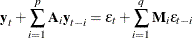 \[  \textbf{y}_ t + \sum _{i=1}^ p \textbf{A}_ i\textbf{y}_{t-i} = \epsilon _ t + \sum _{i=1}^ q \textbf{M}_ i\epsilon _{t-i}  \]