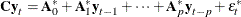 \[  \bC \textbf{y}_ t = \bA _0^* + \bA _1^*\textbf{y}_{t-1} + \cdots + \bA _ p^*\textbf{y}_{t-p} + \epsilon _ t^*  \]