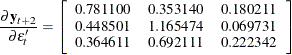 \[  \frac{\partial \textbf{y}_{t+2}}{\partial \epsilon ^{\prime }_ t} = \left[\begin{array}{ccc} 0.781100 &  0.353140 &  0.180211 \\ 0.448501 &  1.165474 &  0.069731 \\ 0.364611 &  0.692111 &  0.222342 \end{array}\right]  \]