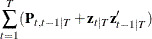 $\displaystyle  \sum _{t=1}^ T (\bP _{t,t-1|T} + \textbf{z}_{t|T} \textbf{z}^{\prime }_{t-1|T})  $