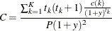 \[  C= \frac{ \sum _{k=1}^{K} t_ k (t_ k+1) \frac{ c(k) }{ (1+y)^{t_ k} } }{ P (1+y)^2 }  \]