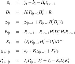 \begin{eqnarray*}  \hat{\epsilon }_ t &  = &  y_ t - b_ t - H_ t z_{t|t-1} \\[0.05in] D_ t &  = &  H_ t P_{t|t-1} H^{\prime }_ t + R_ t \\[.05in] z_{t|t} &  = &  z_{t|t-1} + P_{t|t-1} H^{\prime }_ t D_ t^- \hat{\epsilon }_ t \\[0.05in] P_{t|t} &  = &  P_{t|t-1} - P_{t|t-1} H^{\prime }_ t D_ t^- H_ t P_{t|t-1} \\[0.05in] K_ t &  = &  (F_ t P_{t|t-1} H^{\prime }_ t + G_ t) D_ t^- \\[0.05in] z_{t+1|t} &  = &  a_ t + F_ t z_{t|t-1} + K_ t \hat{\epsilon }_ t \\[0.05in] P_{t+1|t} &  = &  F_ t P_{t|t-1}F^{\prime }_ t + V_ t - K_ t D_ t K^{\prime }_ t \end{eqnarray*}