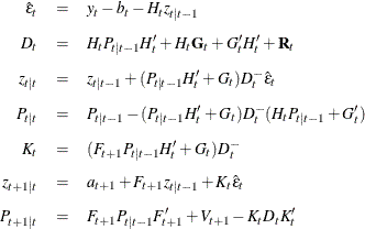 \begin{eqnarray*}  \hat{\epsilon }_ t &  = &  y_ t - b_ t - H_ t z_{t|t-1} \\[0.05in] D_ t &  = &  H_ t P_{t|t-1} H^{\prime }_ t + H_ t \bG _ t + G^{\prime }_ t H^{\prime }_ t + \bR _ t \\[0.05in] z_{t|t} &  = &  z_{t|t-1} + (P_{t|t-1} H^{\prime }_ t + G_ t) D_ t^- \hat{\epsilon }_ t \\[0.05in] P_{t|t} &  = &  P_{t|t-1} - (P_{t|t-1} H^{\prime }_ t + G_ t) D_ t^- (H_ t P_{t|t-1} + G^{\prime }_ t) \\[0.05in] K_ t &  = &  (F_{t+1} P_{t|t-1} H^{\prime }_ t + G_ t)D_ t^- \\[0.05in] z_{t+1|t} &  = &  a_{t+1} + F_{t+1} z_{t|t-1} + K_ t \hat{\epsilon }_ t \\[0.05in] P_{t+1|t} &  = &  F_{t+1} P_{t|t-1}F^{\prime }_{t+1} + V_{t+1} - K_ t D_ t K^{\prime }_ t \end{eqnarray*}