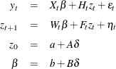 \begin{eqnarray*}  y_ t &  = &  X_ t \beta + H_ t z_ t + \epsilon _ t \\[0.05in] z_{t+1} &  = &  W_ t \beta + F_ t z_ t + \eta _ t \\[0.05in] z_0 &  = &  a + A \delta \\[0.05in] \beta &  = &  b + B \delta \end{eqnarray*}