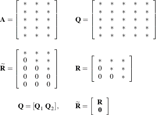 \begin{eqnarray*}  \bA = \left[ \begin{array}{ccc} * &  * &  * \\ \mbox{}* &  * &  * \\ \mbox{}* &  * &  * \\ \mbox{}* &  * &  * \\ \mbox{}* &  * &  * \end{array} \right] & &  \bQ = \left[ \begin{array}{ccccc} * &  * &  * &  * &  * \\ \mbox{}* &  * &  * &  * &  * \\ \mbox{}* &  * &  * &  * &  * \\ \mbox{}* &  * &  * &  * &  * \\ \mbox{}* &  * &  * &  * &  * \end{array} \right] \\[0.10in] \widetilde{\bR } = \left[ \begin{array}{ccc} * &  * &  * \\ 0 &  * &  * \\ 0 &  0 &  * \\ 0 &  0 &  0 \\ 0 &  0 &  0 \end{array} \right] & &  \bR = \left[\begin{array}{ccc} * &  * &  * \\ 0 &  * &  * \\ 0 &  0 &  * \end{array} \right] \\[0.10in] \bQ = \left[ \bQ _1 ~  \bQ _2 \right], & &  \widetilde{\bR } = \left[ \begin{array}{c} \bR \\ \mb{0} \end{array} \right] \end{eqnarray*}