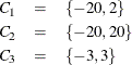 \begin{eqnarray*}  C_{1} &  = &  \{  -20,2 \}  \\ C_{2} &  = &  \{  -20,20 \}  \\ C_{3} &  = &  \{  -3,3 \}  \end{eqnarray*}