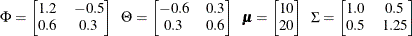 \[  \Phi =\left[\begin{matrix} 1.2   &  -0.5   \cr 0.6   &  0.3   \cr \end{matrix}\right] ~ ~ \Theta =\left[\begin{matrix} -0.6   &  0.3   \cr 0.3   &  0.6   \cr \end{matrix}\right] ~ ~ \bm {\mu }=\left[\begin{matrix} 10   \cr 20   \cr \end{matrix}\right] ~ ~ \Sigma =\left[\begin{matrix} 1.0   &  0.5   \cr 0.5   &  1.25  \cr \end{matrix}\right]  \]