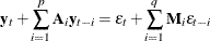 \[  \mb{y}_ t + \sum _{i=1}^ p \mb{A}_ i\mb{y}_{t-i} = \epsilon _ t + \sum _{i=1}^ q \mb{M}_ i\epsilon _{t-i}  \]