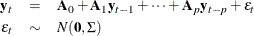 \begin{eqnarray*}  \mb{y}_ t &  = &  \bA _0 + \bA _1 \mb{y}_{t-1} + \cdots + \bA _ p \mb{y}_{t-p} + \epsilon _ t \\ \epsilon _ t &  \sim &  N(\mb{0}, \Sigma ) \end{eqnarray*}