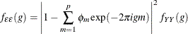 \[  f_{\epsilon \epsilon }(g) = \left|1-\sum _{m=1}^ p \phi _ m\exp (-2\pi igm) \right|^2 f_{YY}(g)  \]