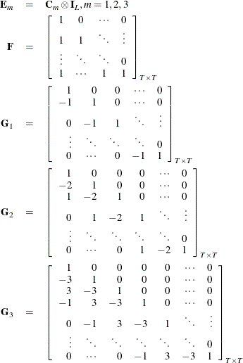 \begin{eqnarray*}  \bE _ m &  = &  \bC _ m\otimes \bI _ L, m=1,2,3 \\ \bF &  = &  \left[\begin{array}{cccc} 1 &  0 &  \cdots &  0 \\ 1 &  1 &  \ddots &  \vdots \\ \vdots &  \ddots &  \ddots &  0 \\ 1 &  \cdots &  1 &  1 \end{array}\right]_{T\times T} \\ \bG _1 &  = &  \left[\begin{array}{rrrrr} 1 &  0 &  0 &  \cdots &  0 \\ -1 &  1 &  0 &  \cdots &  0 \\ 0 &  -1 &  1 &  \ddots &  \vdots \\ \vdots &  \ddots &  \ddots &  \ddots &  0 \\ 0 &  \cdots &  0 &  -1 &  1 \end{array}\right]_{T\times T} \\ \bG _2 &  = &  \left[\begin{array}{rrrrrr} 1 &  0 &  0 &  0 &  \cdots &  0 \\ -2 &  1 &  0 &  0 &  \cdots &  0 \\ 1 &  -2 &  1 &  0 &  \cdots &  0 \\ 0 &  1 &  -2 &  1 &  \ddots &  \vdots \\ \vdots &  \ddots &  \ddots &  \ddots &  \ddots &  0 \\ 0 &  \cdots &  0 &  1 &  -2 &  1 \end{array}\right]_{T\times T} \\ \bG _3 &  = &  \left[\begin{array}{rrrrrrr} 1 &  0 &  0 &  0 &  0 &  \cdots &  0 \\ -3 &  1 &  0 &  0 &  0 &  \cdots &  0 \\ 3 &  -3 &  1 &  0 &  0 &  \cdots &  0 \\ -1 &  3 &  -3 &  1 &  0 &  \cdots &  0 \\ 0 &  -1 &  3 &  -3 &  1 &  \ddots &  \vdots \\ \vdots &  \ddots &  \ddots &  \ddots &  \ddots &  \ddots &  0 \\ 0 &  \cdots &  0 &  -1 &  3 &  -3 &  1 \end{array}\right]_{T\times T} \end{eqnarray*}