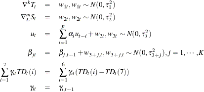 \begin{eqnarray*}  \nabla ^ k T_ t &  = &  w_{1t},w_{1t}\sim N(0,\tau _1^2) \\ \nabla _ L^ m S_ t &  = &  w_{2t},w_{2t}\sim N(0,\tau _2^2) \\ u_ t &  = &  \sum _{i=1}^ p \alpha _ i u_{t-i} + w_{3t}, w_{3t}\sim N(0,\tau _3^2) \\ \beta _{jt} &  = &  \beta _{j,t-1} + w_{3+j,t}, w_{3+j,t}\sim N(0,\tau _{3+j}^2),j=1,\cdots ,K \\ \sum _{i=1}^7 \gamma _{it}T\! D_ t(i) &  = &  \sum _{i=1}^6 \gamma _{it}(T\! D_ t(i)-T\! D_ t(7)) \\ \gamma _{it} &  = &  \gamma _{i,t-1} \end{eqnarray*}