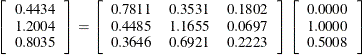 \[  \left[\begin{array}{c} 0.4434 \\ 1.2004 \\ 0.8035 \end{array}\right] = \left[\begin{array}{ccc} 0.7811 &  0.3531 &  0.1802 \\ 0.4485 &  1.1655 &  0.0697 \\ 0.3646 &  0.6921 &  0.2223 \end{array}\right] \left[\begin{array}{c} 0.0000 \\ 1.0000 \\ 0.5008 \end{array}\right]  \]