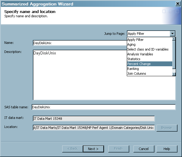 Jump to Percent Change Page for a Summarized Aggregation Table