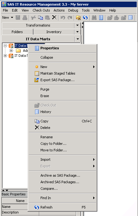 Actions available by right-clicking an IT data mart object