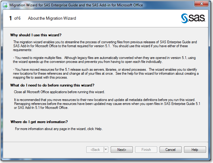 Page 1 of the SAS Enterprise Guide Migration Wizard