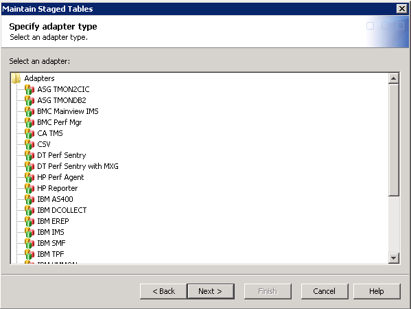 Maintain Staged Tables Wizard: Specify an Adapter