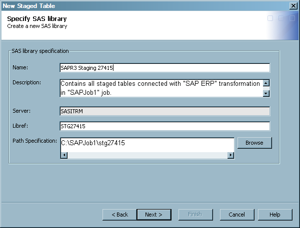 Staged Table Wizard: Specify SAS Library