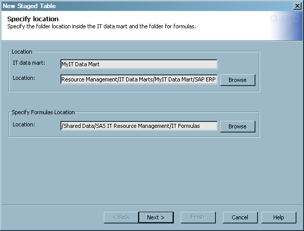 Staged Table Wizard: Select IT Data Mart and Formulas Locations