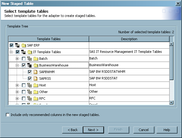 Staged Table Wizard: Select Template Tables