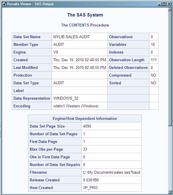 PROC CONTENTS output for data file MYLIB.SALES