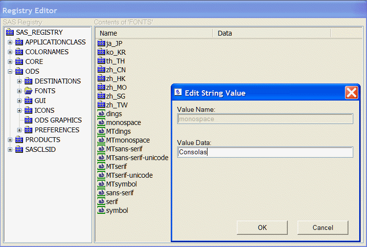 Example Window for Changing a Value in the SAS Registry