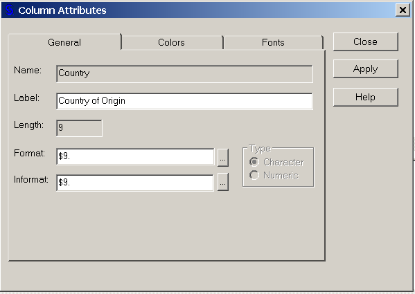 Column Attributes window