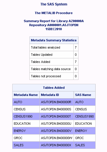 SAS Output: New Table Metadata Created by PROC METALIB