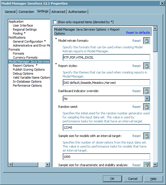 Model Manager Java Services Options