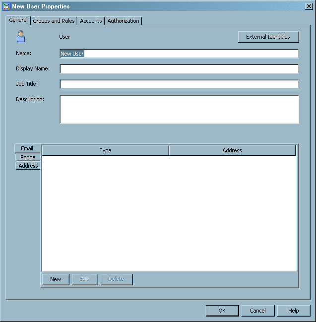 New Users Properties window