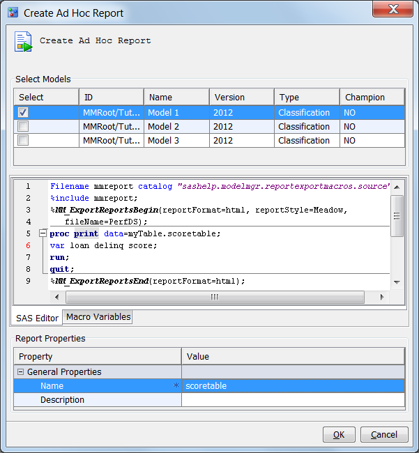 Create Ad Hoc Report Window