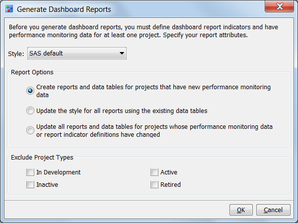 Generate Dashboard Reports window