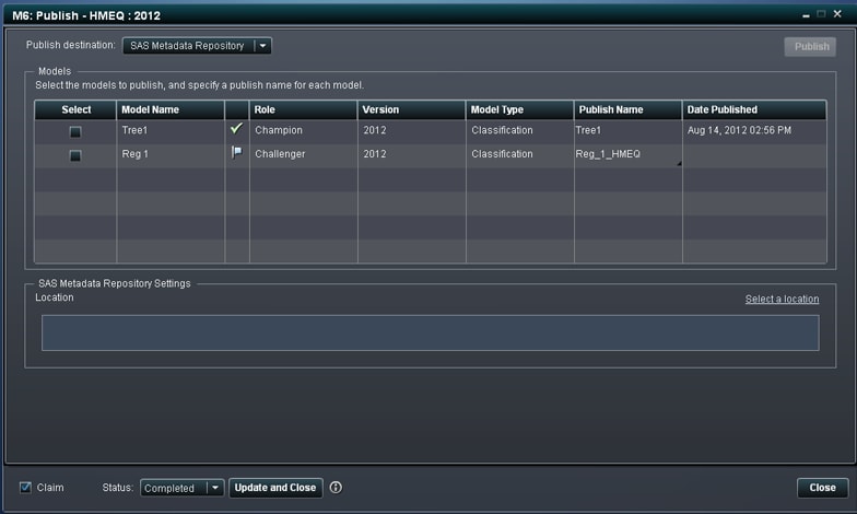 Publish Models to SAS Metadata Repository