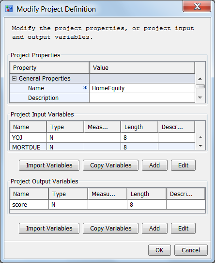 Modify Project Definition window