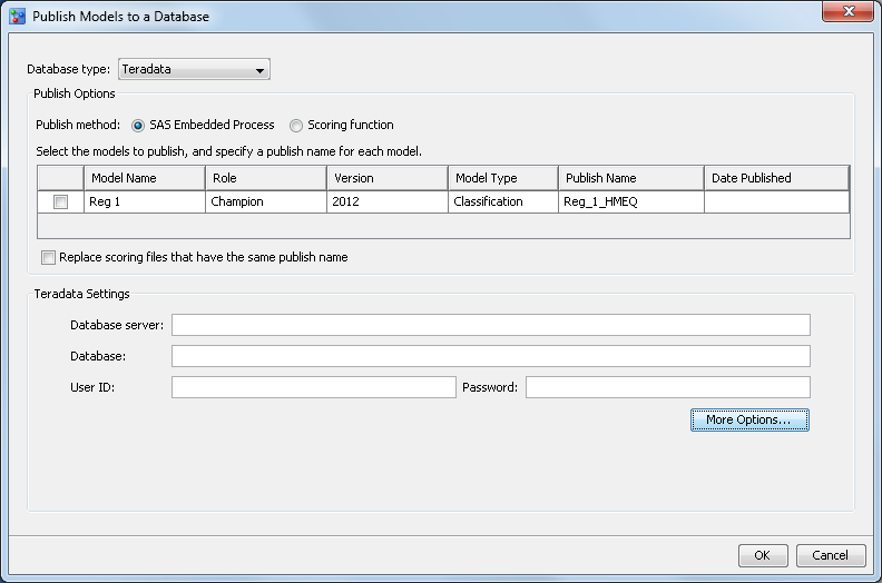 Publish Models to a Database window