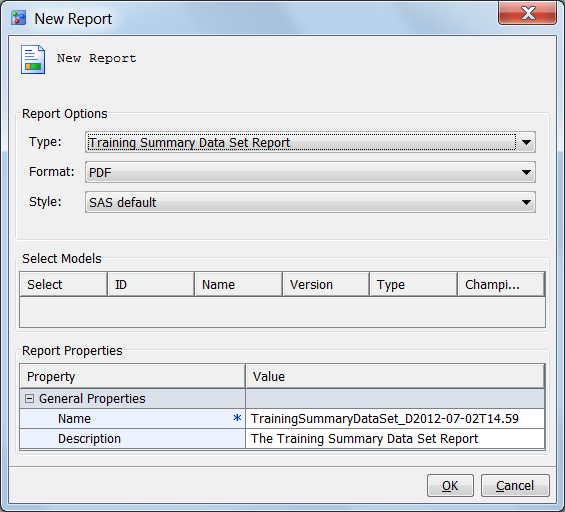 New Report Window for Training Summary Data Set Report